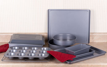 cake baking pans and red potholders